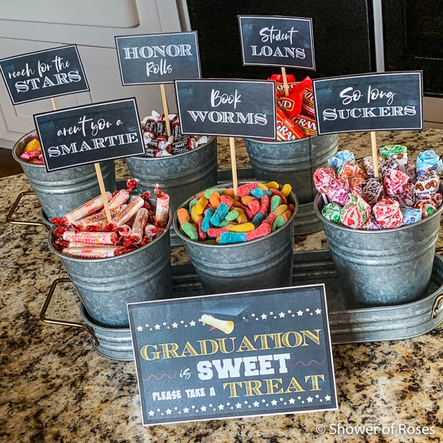 Graduation Party Candy Buffet {Free Printables} | Shower of Roses Blog